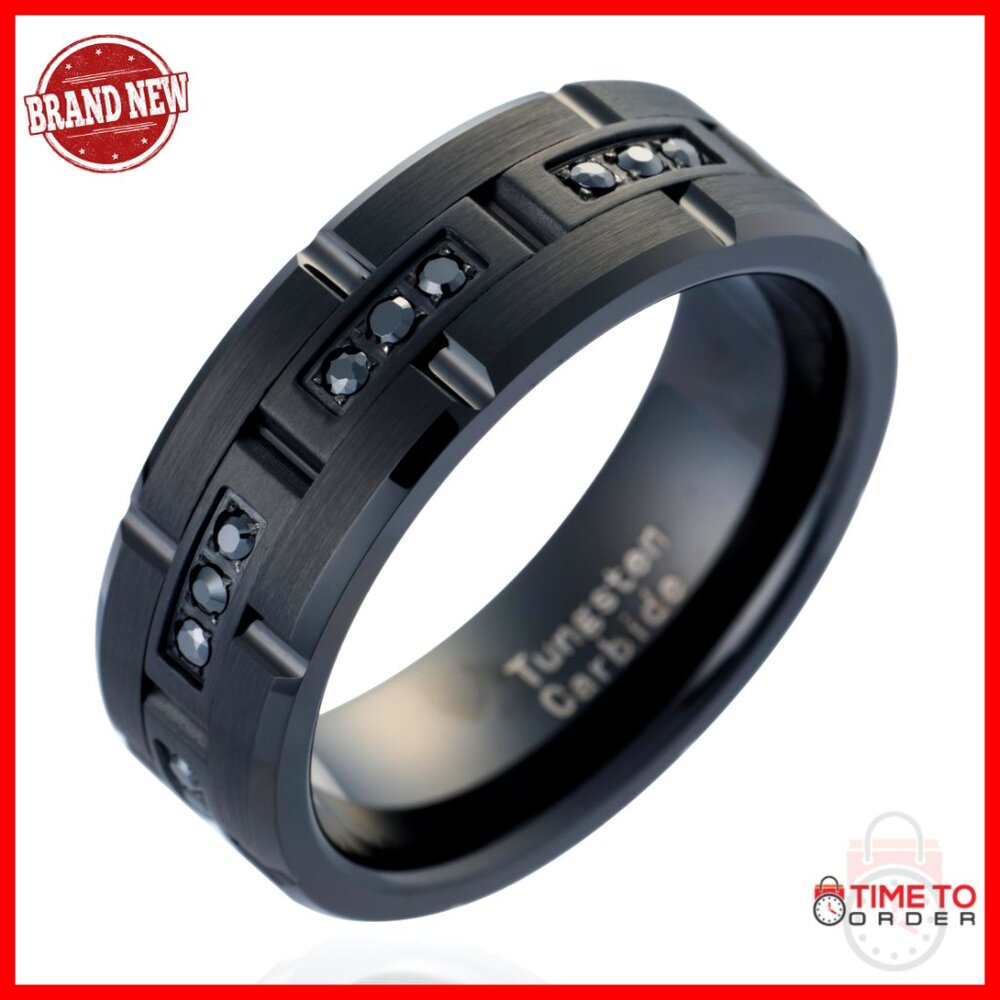Men's Black Tungsten Wedding Band with CZ Moissanite Inlay Size 6-16
